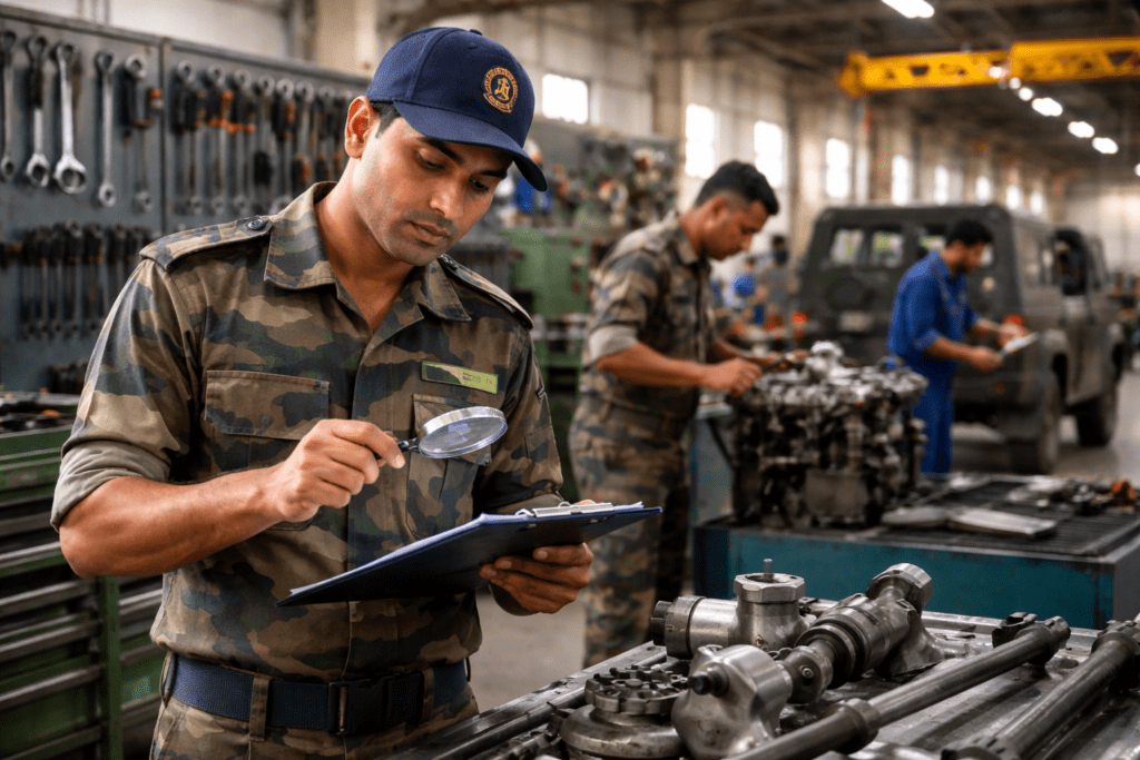     Worker Inspecting Mechanical Parts in DGQA defence workshop