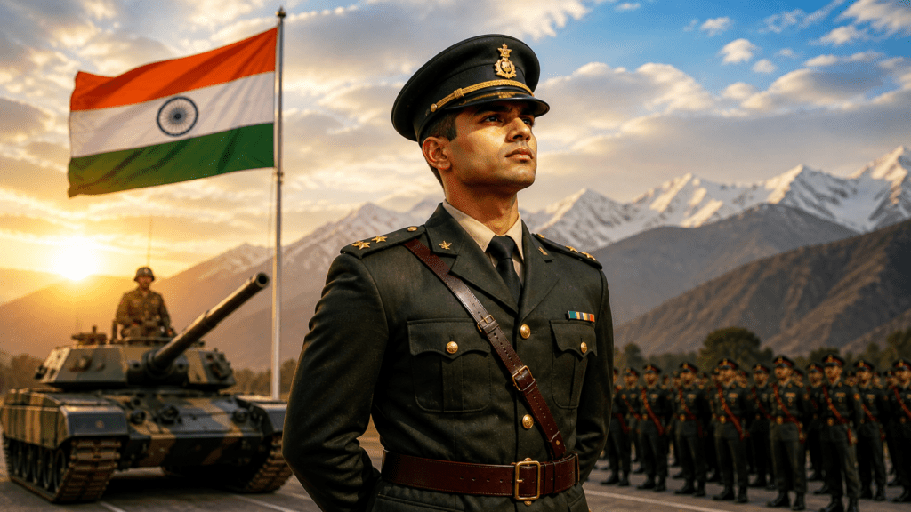 Indian Army officer in uniform standing with battlefield background and soldiers